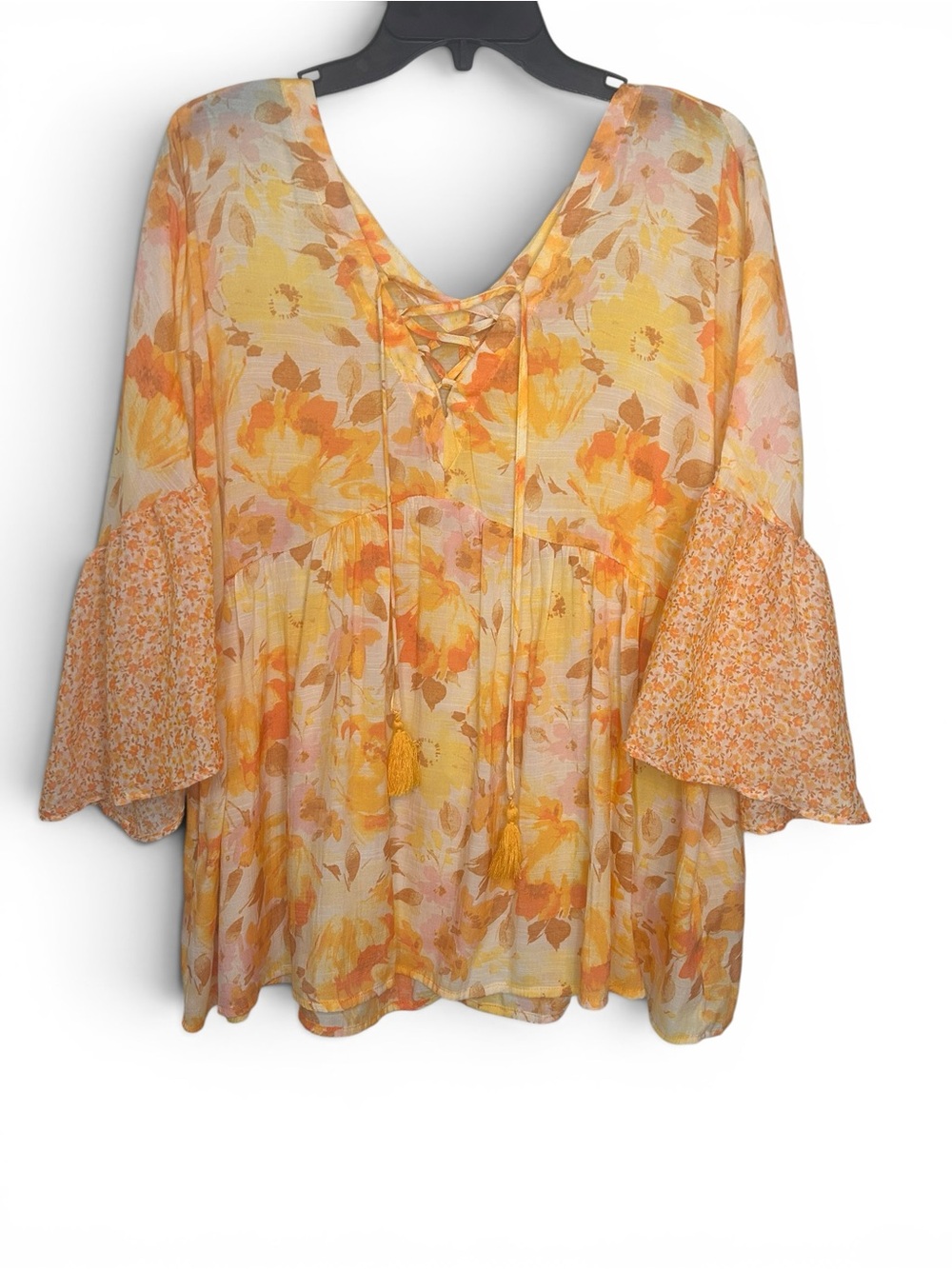 Cato Yellow Floral Lace-Up Peasant Top